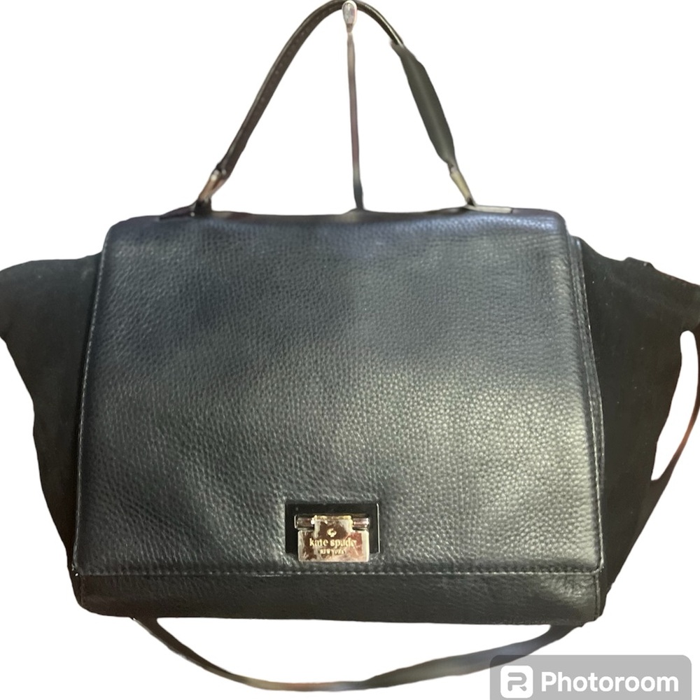 KATE SPADE Black Pebbled Leather/Suede Top Handle Flap Turn Lock Medium Satchel